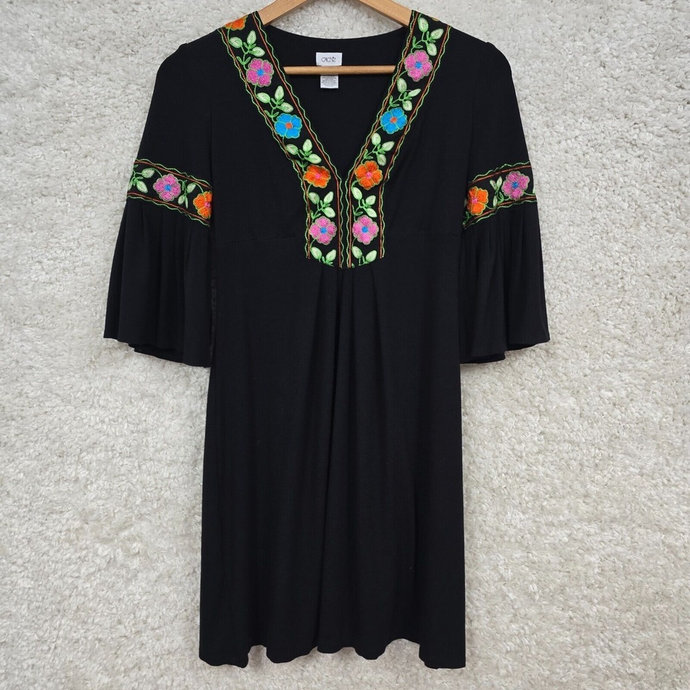 Cache Embroidered Bell‎ Sleeve Dress Womens Medium Black Floral Boho Folk Retro